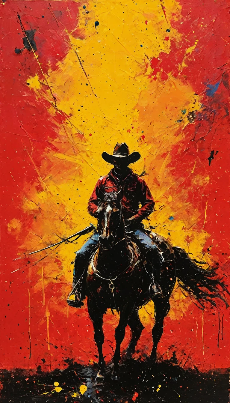 Ultra-high definition, award-winning work, masterpiece, red background, black silhouette of cowboy on horseback against sunset, yellow sun, hyper contrast, multi-colored high-concentration splash paint,