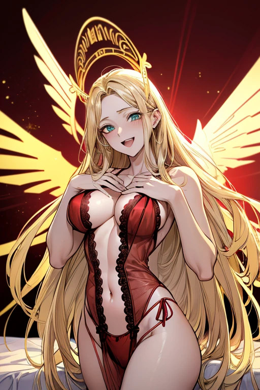 ophanimon,Very detailed、(((red color lingerie))), highest quality、Best image quality、masterpiece、8k、Anime Face、A kind smile、Open Mouth、(Blonde long hair:1.5)、((big breast)), sexy、 beautiful body 、Cowboy Shot, (((gold multiple angel wings))), Sexual Intercourse,mint eyes, (((heaven bed)))