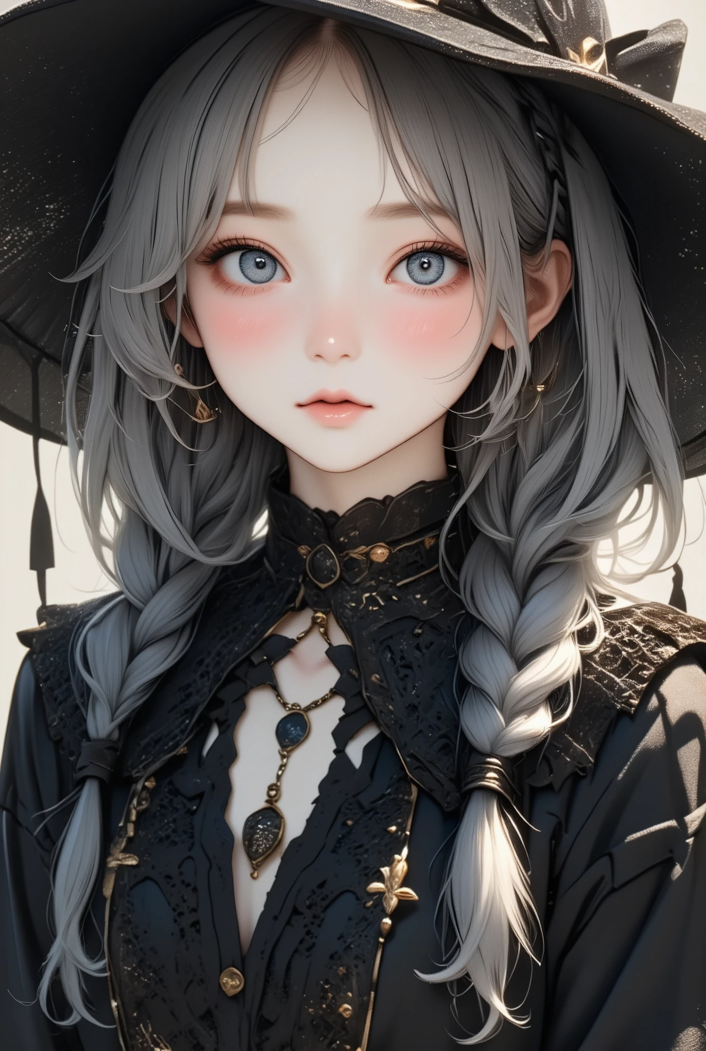 best quality、masterpiece、 RAW photos from the last century 、 film grain 、8k、 ultra high resolution、 very cute girl 、12、Very young girl、 girl、アルビノの girl、Pale face_eye_lips、Fuller lips、 lips I want to kiss 、Highly detailed eyes and face、Grey Hair:1.37、 French braid:1.48、Pale skin、Light-pigmented eyes、 gothic fashion 、 black costume