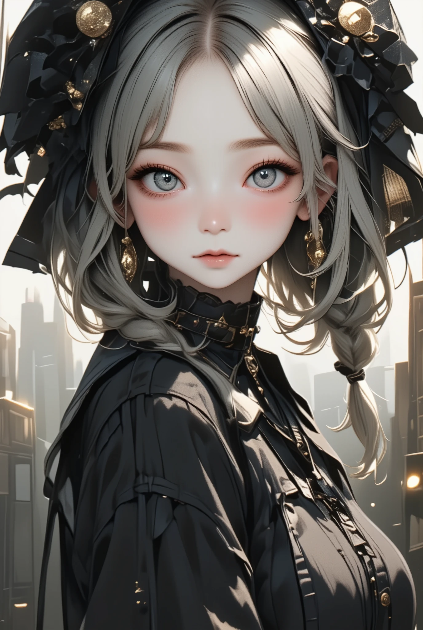 best quality、masterpiece、 RAW photos from the last century 、 film grain 、8k、 ultra high resolution、 very cute girl 、12、Very young girl、 girl、アルビノの girl、Pale face_eye_lips、Fuller lips、 lips I want to kiss 、Highly detailed eyes and face、Grey Hair:1.37、 French braid:1.48、Pale skin、Light-pigmented eyes、 gothic fashion 、 black costume