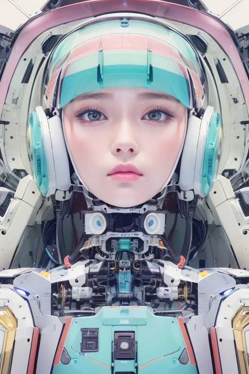 masterpiece, best quality, extremely detailed,portrait,upper body,front view,Japaese android girl,Plump, control panels,android,Droid,Mechanical Hand, Robot arms and legs,Blunt bangs,long tube,thick cable connected her neck,