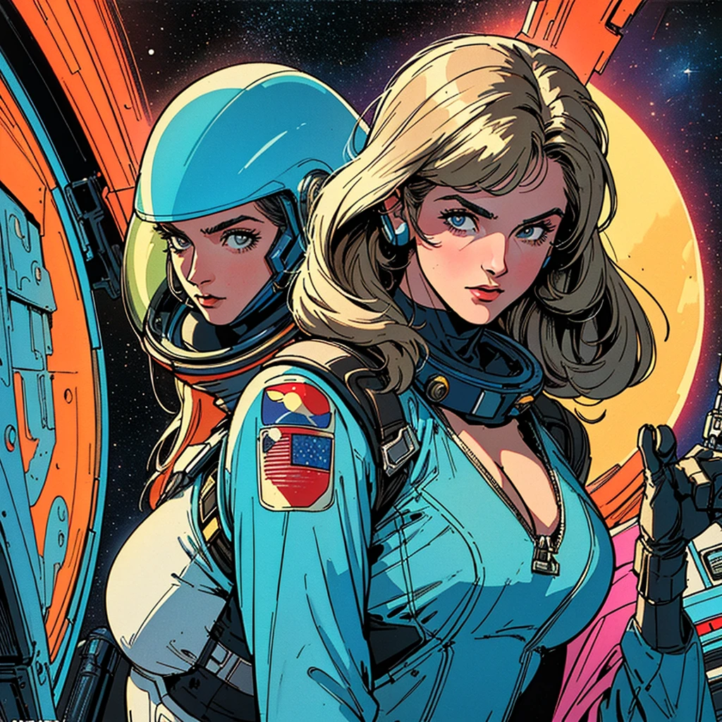 ((( Best Quality Masterpiece ))),(((Absolutely 1 woman))),(spacesuit that emphasizes cleavage ),((( 70s and 80s space thriller movie posters))),( American Comics ),((( retro vintage style ))),Overwhelmingly complex depiction,Absolute machine group background, futuristic cyberpunk ,Extremely accurate and delicate depiction,