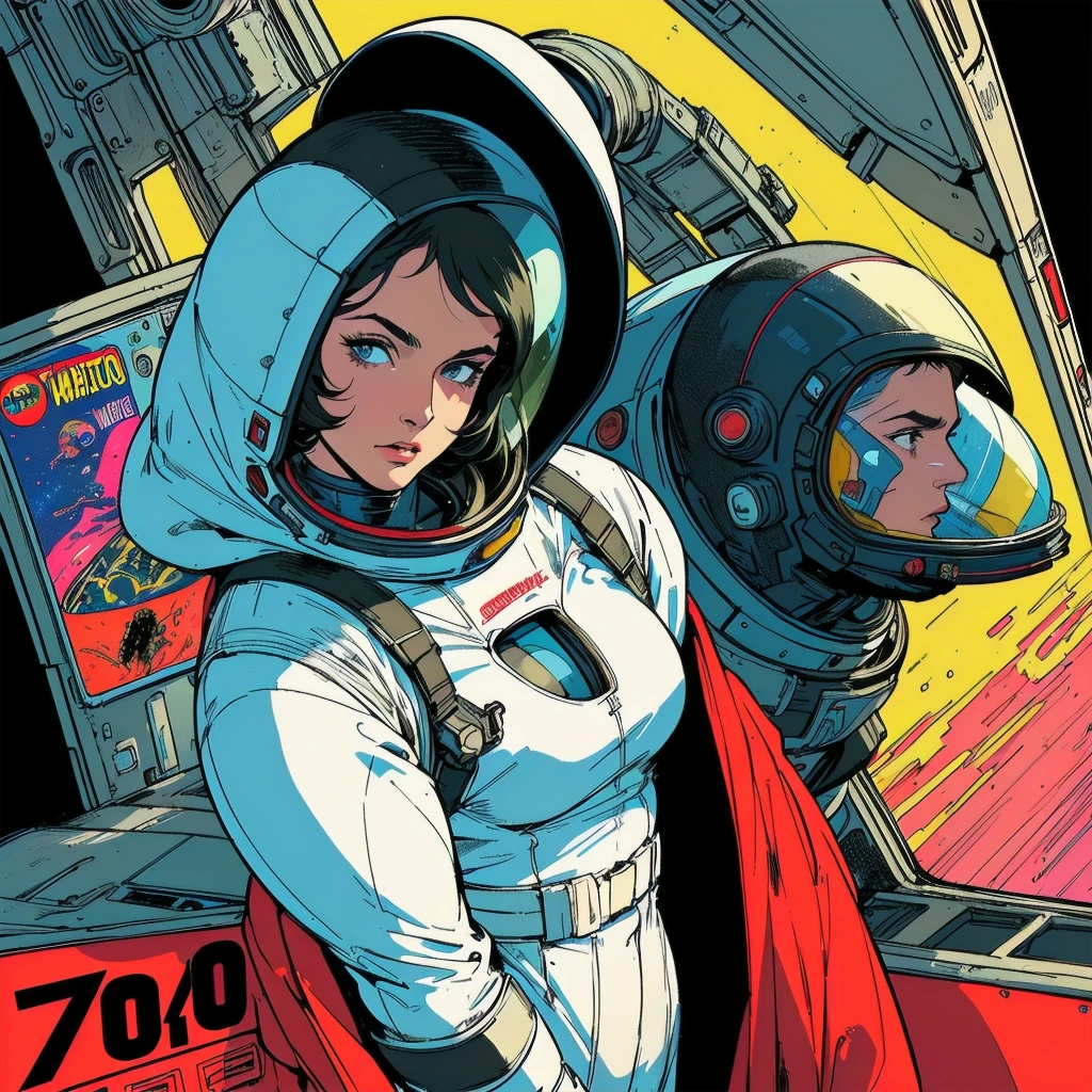 retro-futuristic by Amano Yoshitaka, watercolor art of a Eva Green is a soviet hoverbike pilot in full body red suite. Dynamic body pose. hoses and valves, beautiful hands, beautiful eyes, . vintage sci-fi, 50s and 60s style, atomic age, vibrant, highly detailed