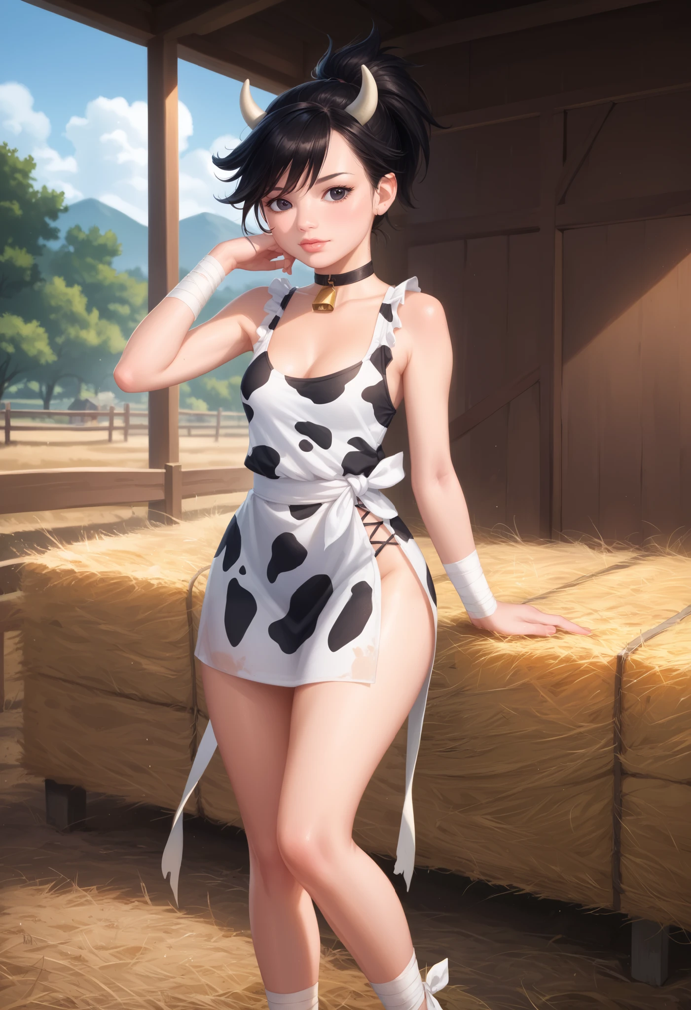 dororo, black hair, ponytail, choker, black eyes, bandages, wrist wrap, ankle wrap, masterpiece, best quality, photorealistic, 1girl, solo, looking at viewer, , depth of field, (watercolor illustration, soft pastel colors:1.1), realistic, dororo, huge hips. small saggy breasts. huge hips. choker. cow print. сow horns. cow dress. farm. bales of hay.
