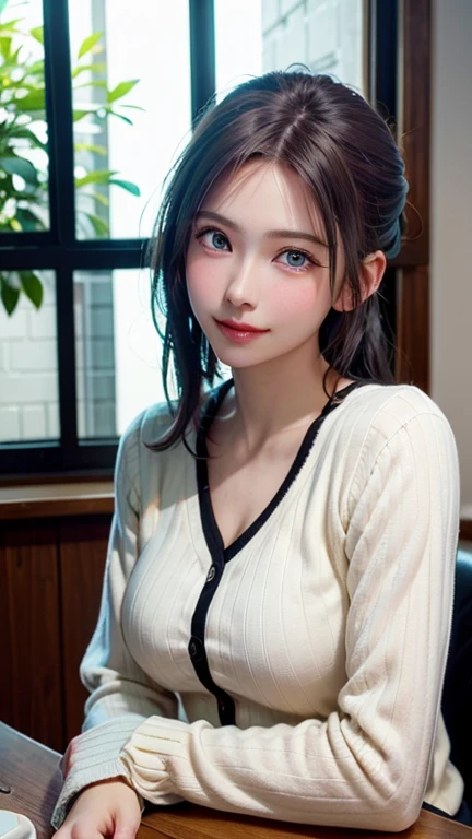 (8K、Raw photo、highest quality、masterpiece:1.2)、(realistic、Photoreal:1.37)、1 girl、cute、adorable、(blue eyes)、(shy smile:0.4)、(solo)、detailed face、oval face、Thin almond eyes、ponytail、Slender、medium breasts、Jacket、White tee shirt、elevation angle、head tilt、((Holding your head in your hands))、night lights、neon light、Inside the pub、Sitting by the window、small head、(Facing the other side)、