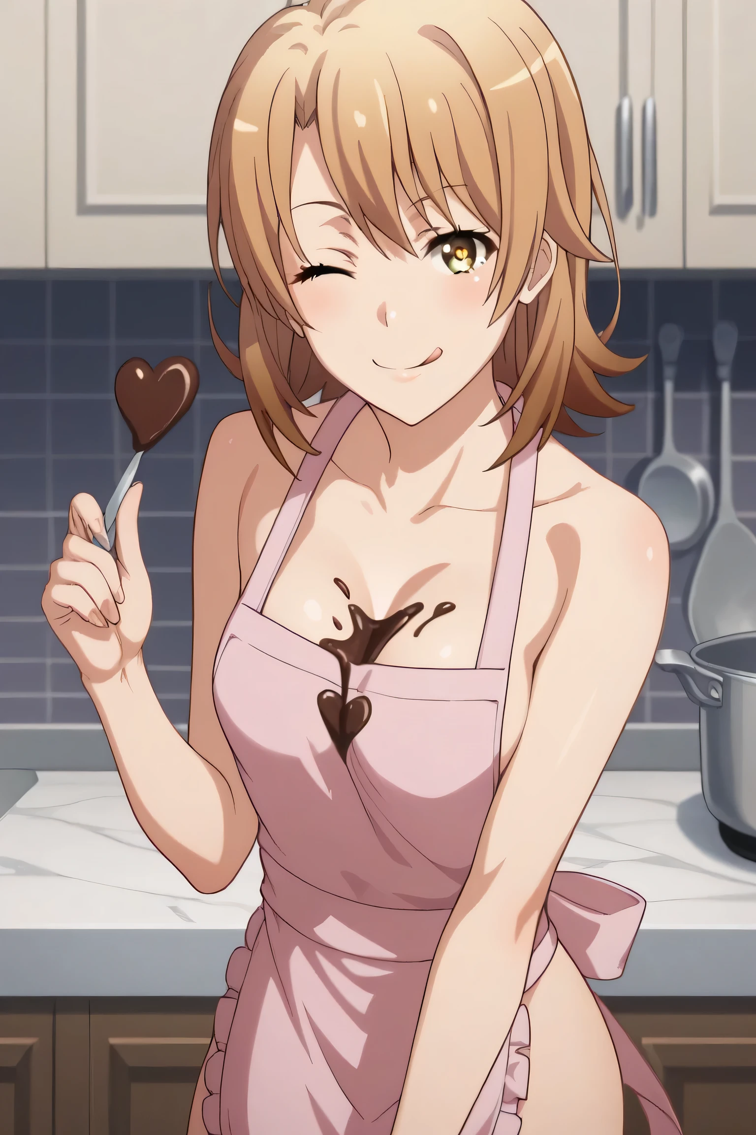 1girl, score_9, score_8_up, score_7_up, source_anime, irohaisshiki, iroha isshiki, short hair, brown hair, brown eyes, with heart-shaped eyes, naked apron, kitchen, small breasts, smile, one eye closed, licking lips, cleavage, chocolate on breasts, best quality, very aesthetic, absurdres,