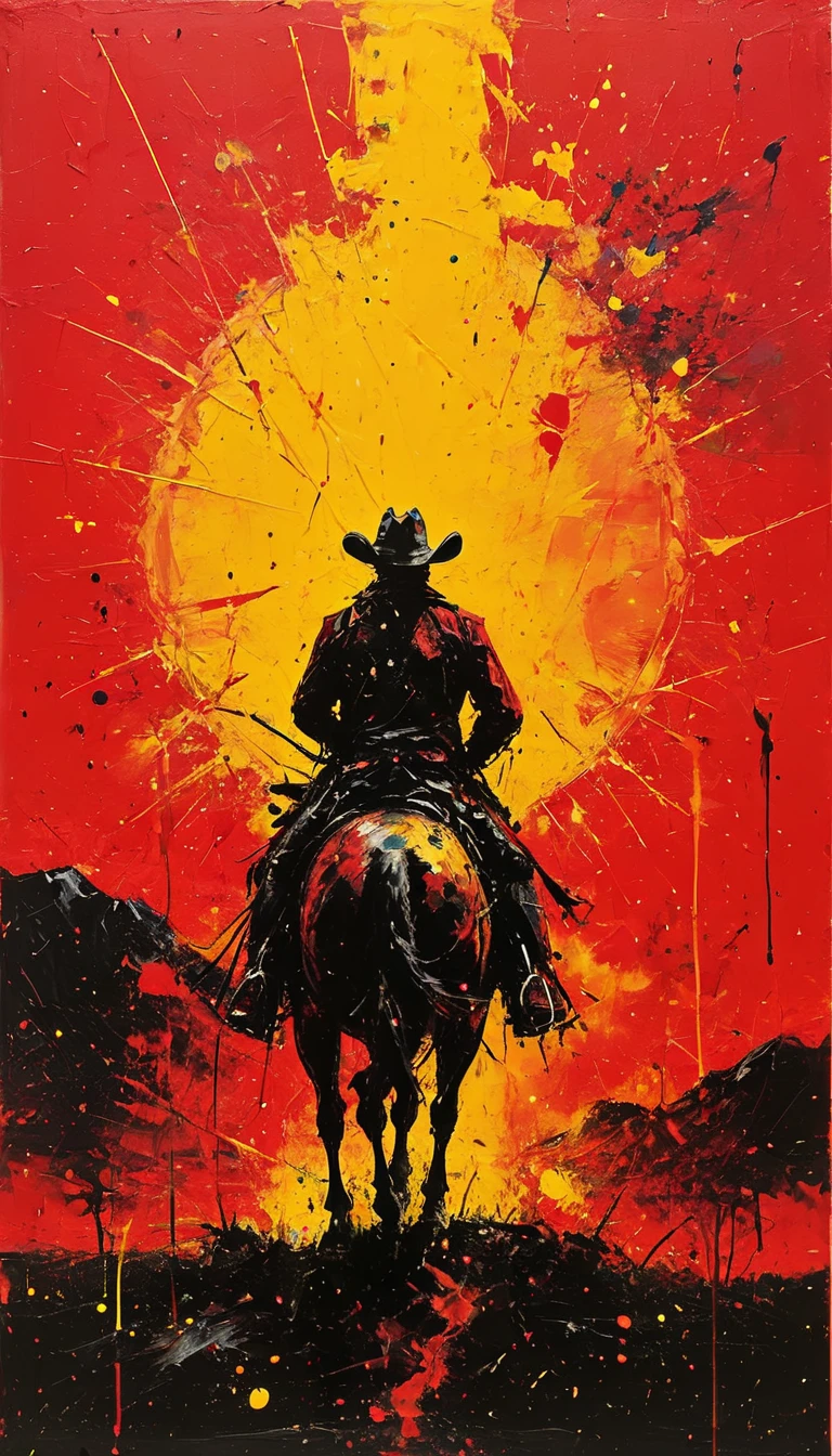 Ultra-high definition, award-winning work, masterpiece, red background, black silhouette of cowboy on horseback against sunset, yellow sun, hyper contrast, multi-colored high-concentration splash paint,