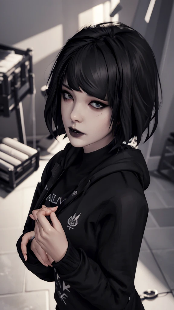 Maxine Caufield, 1-person,, black lipstick, eyeliner, eye shadow, mascara, smoky eyes, black lips, natural lighting, black lips, sweatshirt, sweetheart, realism, realistic, perfect, excellent quality, high definition, HD, 4K, 8K, RAW, hood-up, concealed face.