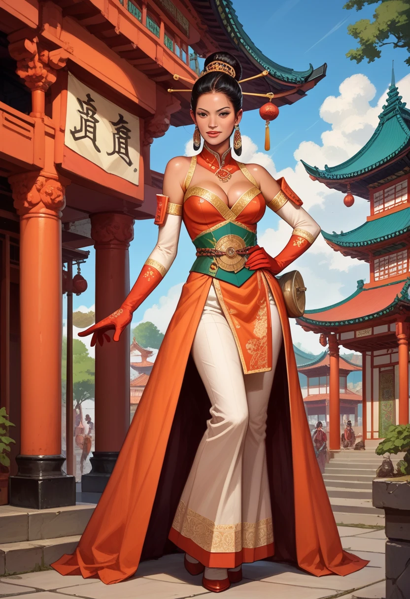  best quality ,masterpiece,ultra high res,  detailed face gloves,, 1 ,Alone , cleavage, a beautiful and realistic illustration of a native Brazilian woman showing her rich cultural heritage and traditional full body costumes,east asian architecture,bainha,architecture,