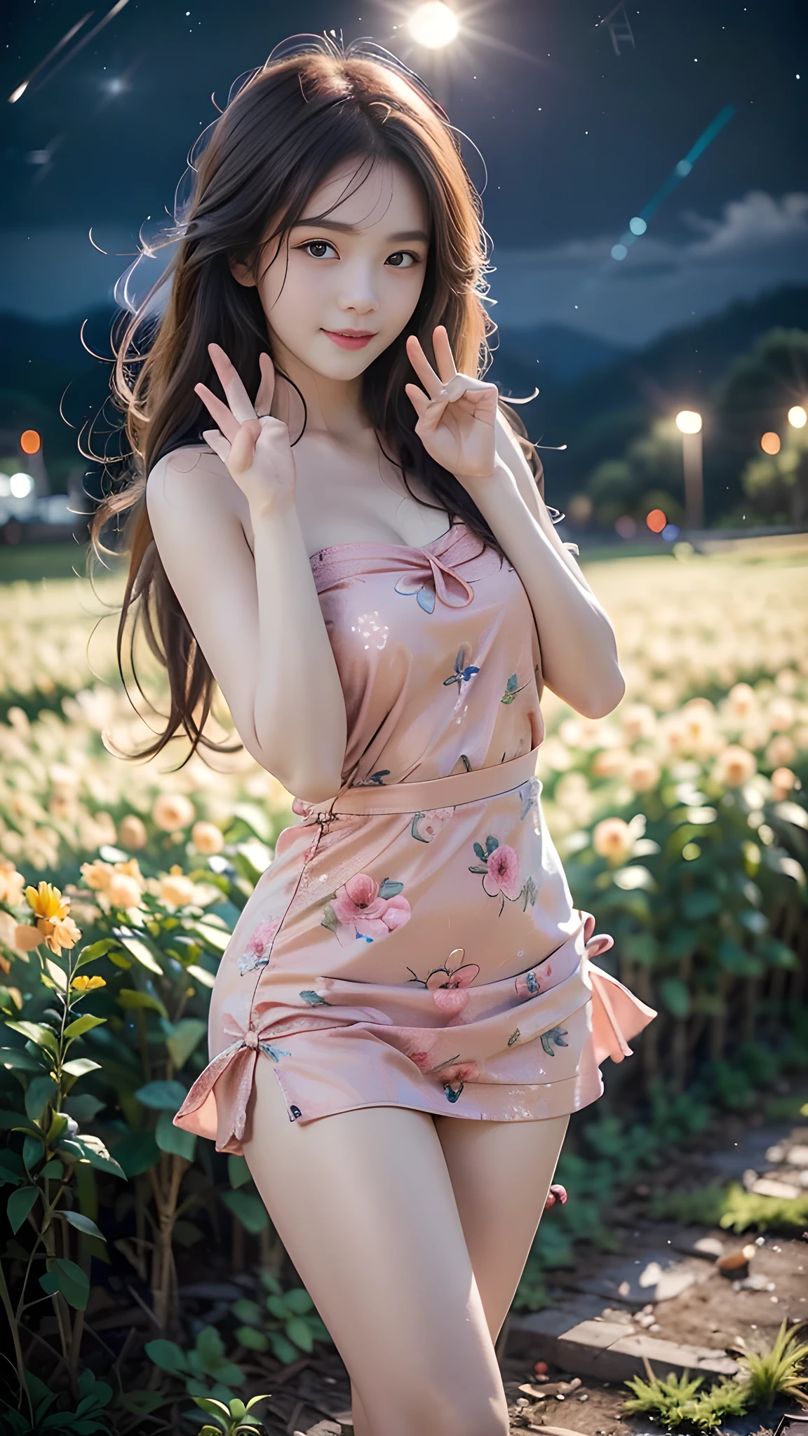 ((highest quality)), ((masterpiece)), (become familiar with), perfect face, (beautiful eyes, color contacts), brown hair, middle hair, hair behind the ear, thin, plump breasts, ((Underboob exposure)), short length t-shirt, mini skirt, (night sky:1.4), street light, ((Against the backdrop of tulips and cherry blossoms in full bloom))