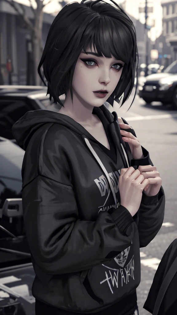 Maxine Caufield, 1-person,, black lipstick, eyeliner, eye shadow, mascara, smoky eyes, black lips, natural lighting, black lips, sweatshirt, sweetheart, realism, realistic, perfect, excellent quality, high definition, HD, 4K, 8K, RAW, hood-up, concealed identity, tired eyes, baggy eyes.