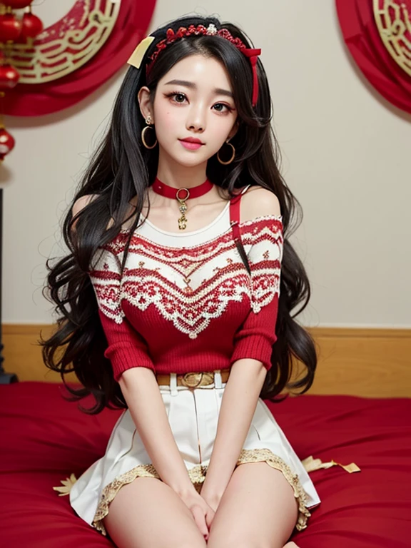 wavy hair wavy hair（（（ has exquisite eyes ））），Hair accessories，Choker necklace ，Woman in a sexy red lace sweater ， The room is filled with Lunar New Year decorations（（ grins ））（（（masterpiece）））， （（ is of the best quality））， （（Intricate details））， （（ super realistic ））（8K）