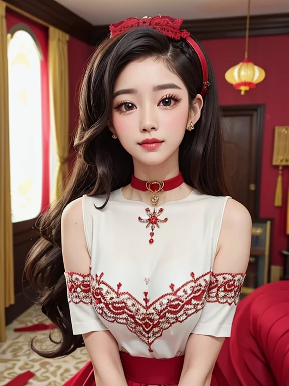 wavy hair wavy hair（（（ has exquisite eyes ））），Hair accessories，Choker necklace ，Woman in a sexy red lace sweater ， The room is filled with Lunar New Year decorations（（ grins ））（（（masterpiece）））， （（ is of the best quality））， （（Intricate details））， （（ super realistic ））（8K）