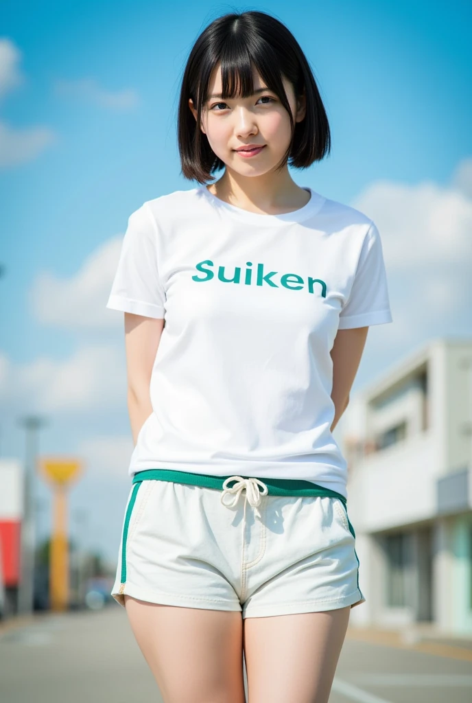 19 year old, Japanese female, REIKA, beautiful short  hair cecile cut hair, beautiful nape, best proportion, professional photo, ultra detailed, 15mm film, portrait, highest quality, arms behind back, not bikini, white short T-shirts "suiken" white-green tight short pants lowrise,  close up thick thigh smooth thigh radiant thigh focus from thigh under angle, outdoor blue sky,