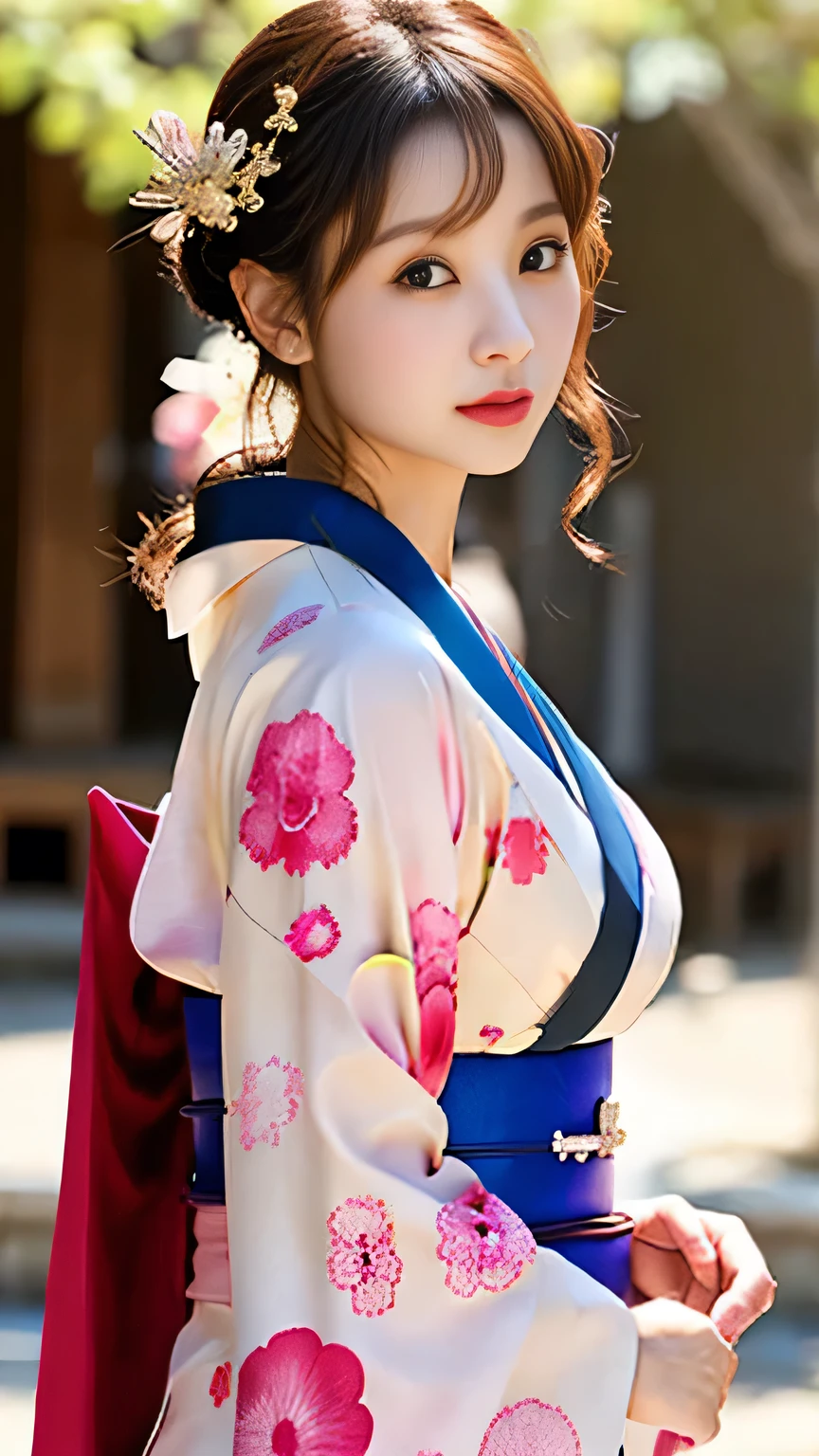  Woman posing for a photo ( kimono_clothing、 dress:1.3)、柄のある kimono、Half face 、Beautiful figure、 beautiful brown eyes 、 long, wavy brown hair 、 highlight accurate and perfect human anatomy 、Feels good to the touch、 high definition 、masterpiece、 best quality、(( Hasselblad's photo ))、 It's a great day 、( Movie Lighting)、Alluring、 sexy、Eros、 clavicle 、 big, rich breasts、 Slim Abs 、Wide ass 、 A town bustling with Japanese festivals 、Sunny day、 Dynamic Angle 、 beautiful face、 detailed and perfect face 、Large, even eyes、Wind、( facing the front)、  sexy black lace knit panties 、 squatting、 Panchira 、 sexy thighs、Perfect Fingers、Crotch details、Long legs、(Barefoot and wearing sandals )、(( perfect proportions for 7 heads 、 has a small head、  hands and feet drawn in Highlight Accurate and Perfect Human Anatomy,))、Cute hair accessories、hairpin、( dynamic pose 、 Changing Poses 、  cabelo o olho esquerdo  ,)、