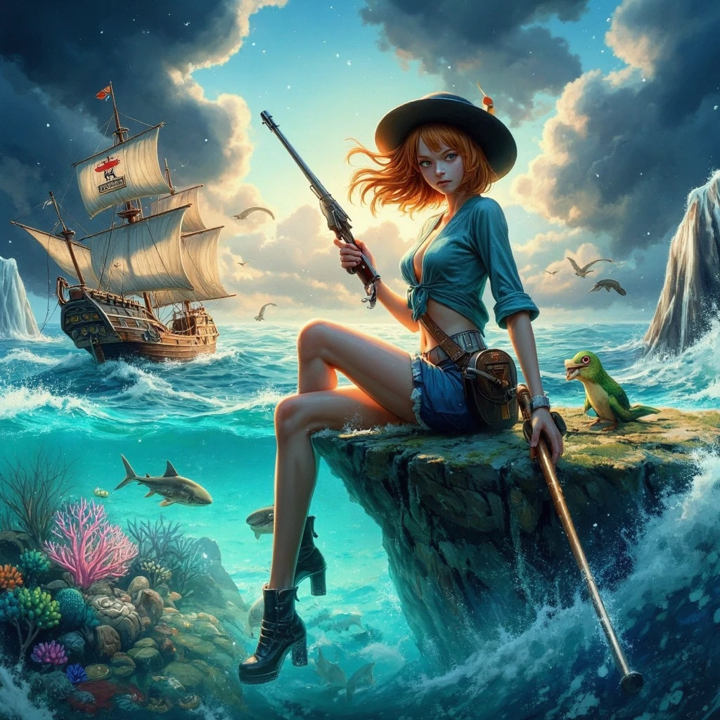 full-lenght portrait of a nami from one piece wearing a white and blue stripped t shirt and orange short skirt holding a fintlock pistol crossing split sea, the split sea from moses, random pose, (wet), translucent ocean, pirate sailboat, fish, coral, whale, shark, (darkest sky, thunder storm, realistic, beach, cloud, stone, scenery, wading, (devil island, floating_island), looking_at_viewer, air bubble, caustics, plant, scenery, shark, (surreal), wave, age_of_piracy