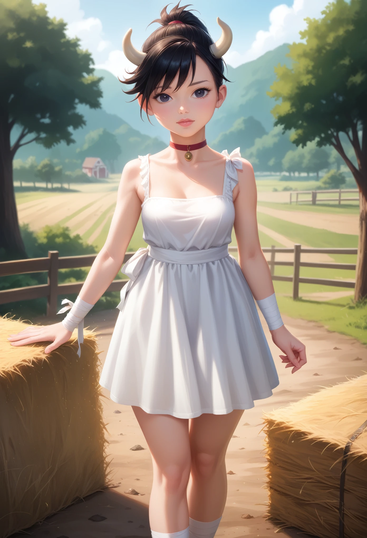 dororo, black hair, ponytail, choker, black eyes, bandages, wrist wrap, ankle wrap, masterpiece, best quality, photorealistic, 1girl, solo, looking at viewer, , depth of field, (watercolor illustration, soft pastel colors:1.1), realistic, dororo, huge hips. small saggy breasts. huge hips. choker. сow horns. cow dress. farm. bales of hay.
