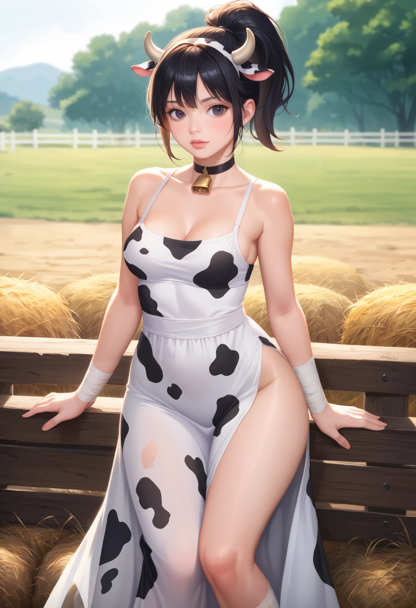 dororo, black hair, ponytail, choker, black eyes, bandages, wrist wrap, ankle wrap, masterpiece, best quality, photorealistic, 1girl, solo, looking at viewer, , depth of field, (watercolor illustration, soft pastel colors:1.1), realistic, dororo, huge hips. small saggy breasts. huge hips. choker. cow print. сow horns. cow dress. farm. bales of hay.
