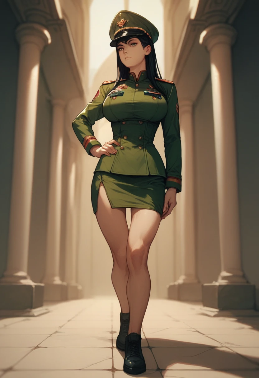 woman, standing, black hair, long hair, Big Breasts, expressionless, empire, green military uniform, military cap, mini slit skirt, hand on own hip, full body, from front