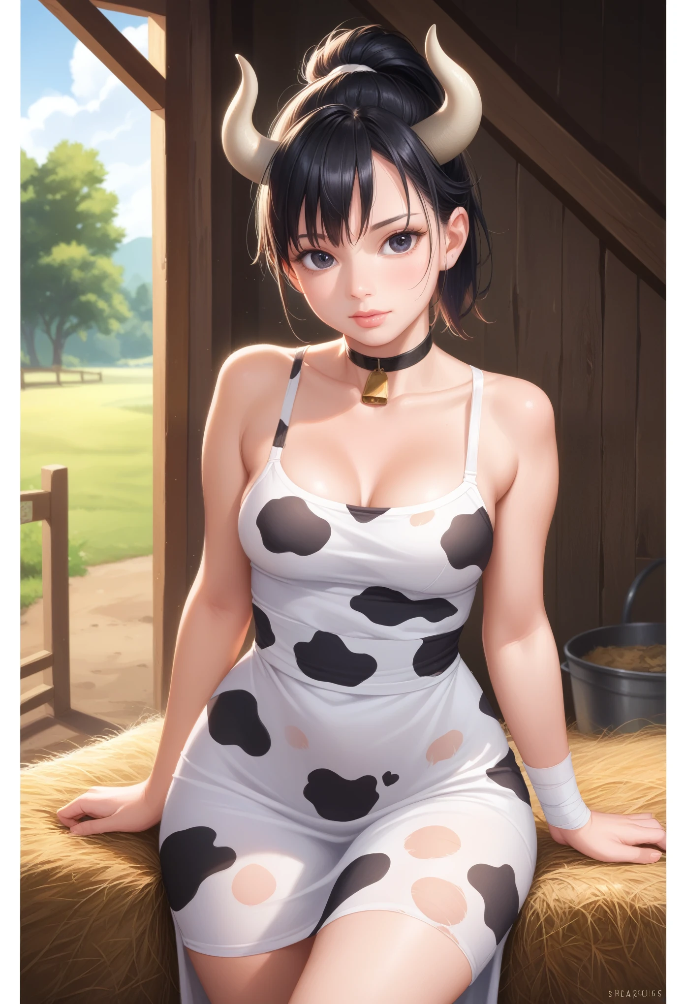 dororo, black hair, ponytail, choker, black eyes, bandages, wrist wrap, ankle wrap, masterpiece, best quality, photorealistic, 1girl, solo, looking at viewer, , depth of field, (watercolor illustration, soft pastel colors:1.1), realistic, dororo, huge hips. small saggy breasts. huge hips. choker. cow print. сow horns. cow dress. farm. bales of hay.
