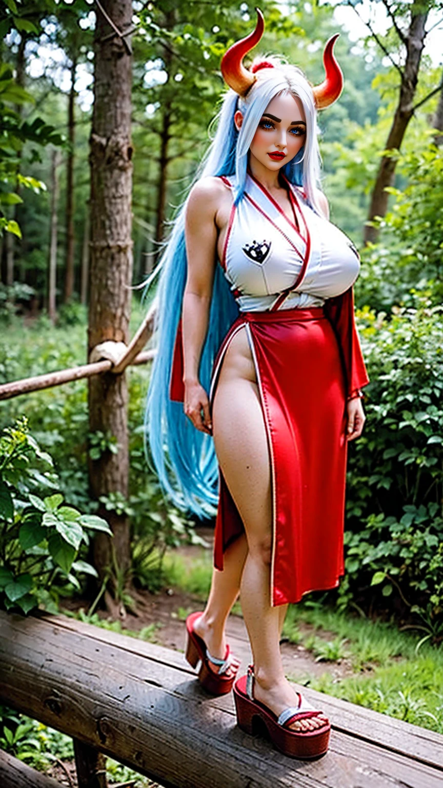 One Piece,Yamato,(Larger breasts),She had long white hair with gradient colors， the hair gradually changes from white to green and then blue from the top of the head to the tips,( with a pair of red devil horns on the top of the head ),Middle parted hair,She was wearing a white sleeveless close-fitting kimono,She was wearing a red long skirt， Bare feet and wear a pair of red wooden clogs, perfect figure ,(Toned body ),A clean body, top quality,In the forest in the afternoon 