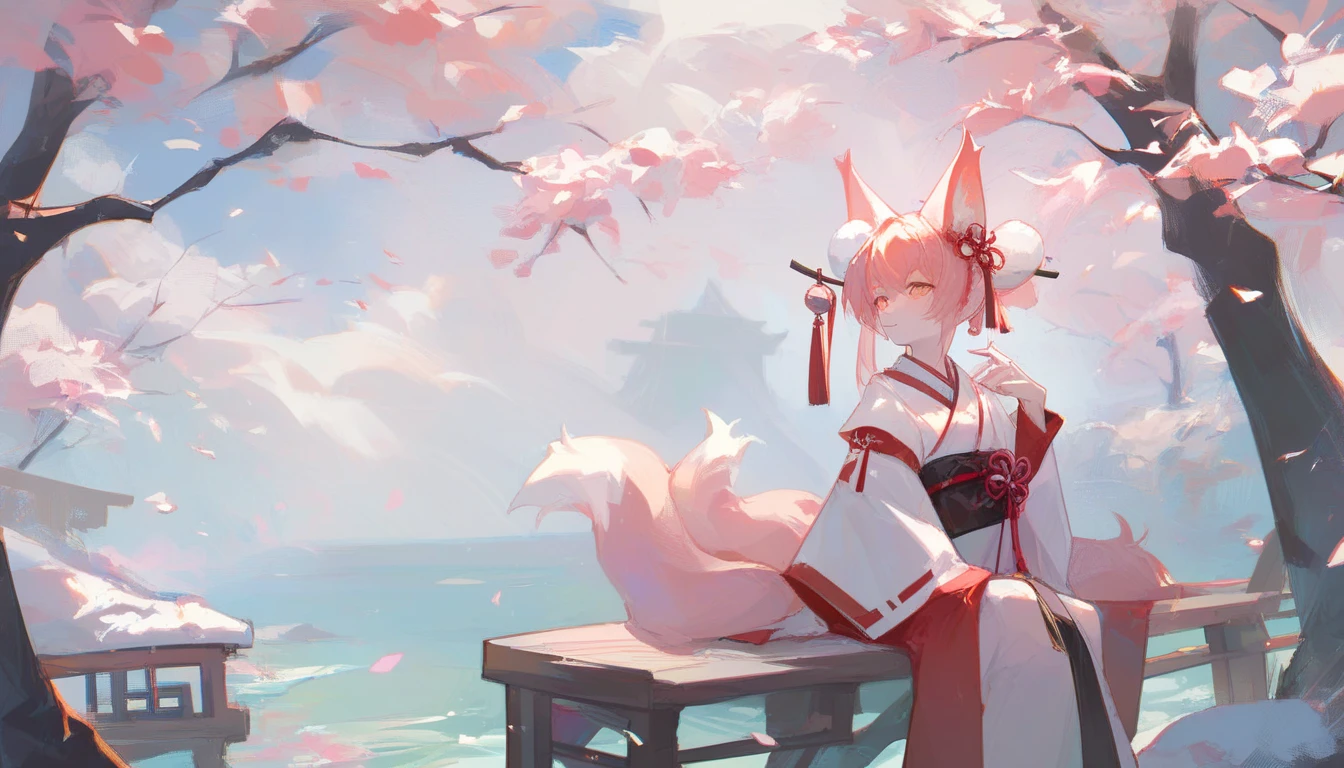 nine tailed fox, background is japanese temple, cherry blossom, light,