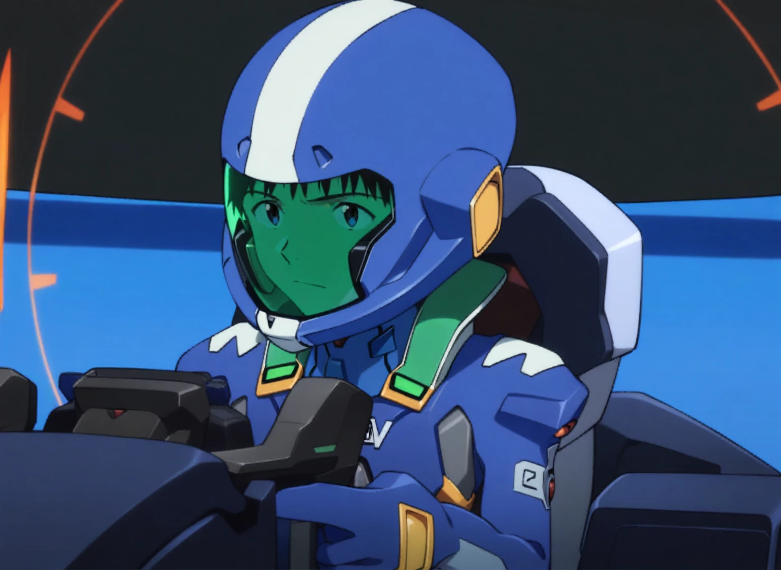 1boy, male focus, Shinji Ikari, neon genesis evangelion, masterpiece, best quality, very aesthetic, absurdres, jet cockpit, grey pilot suit, head turned right, ((flight helmet)), green glass, ((no hair)) 