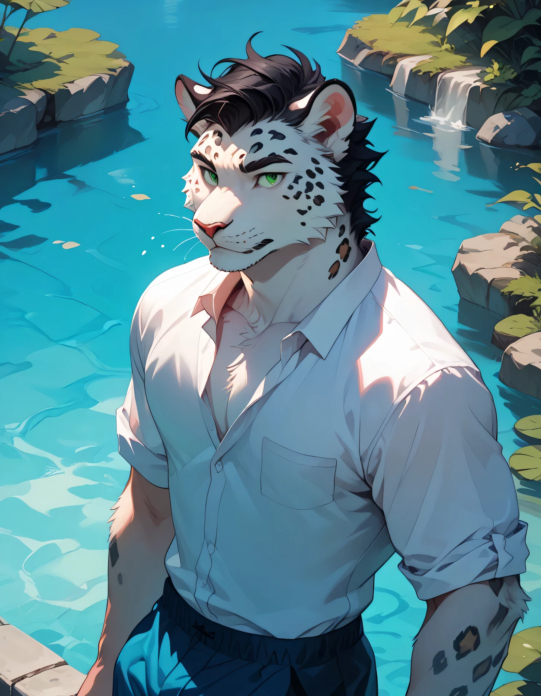 ( alone),(( is of the best quality)), ((masterpiece)), ( detailed), upper body, male anthropomorphic leopard, white fur ,White skin, white fur , short black hair , Green Eyes,Calm, mature male,Elegant,Swimming trunks, muscular ,