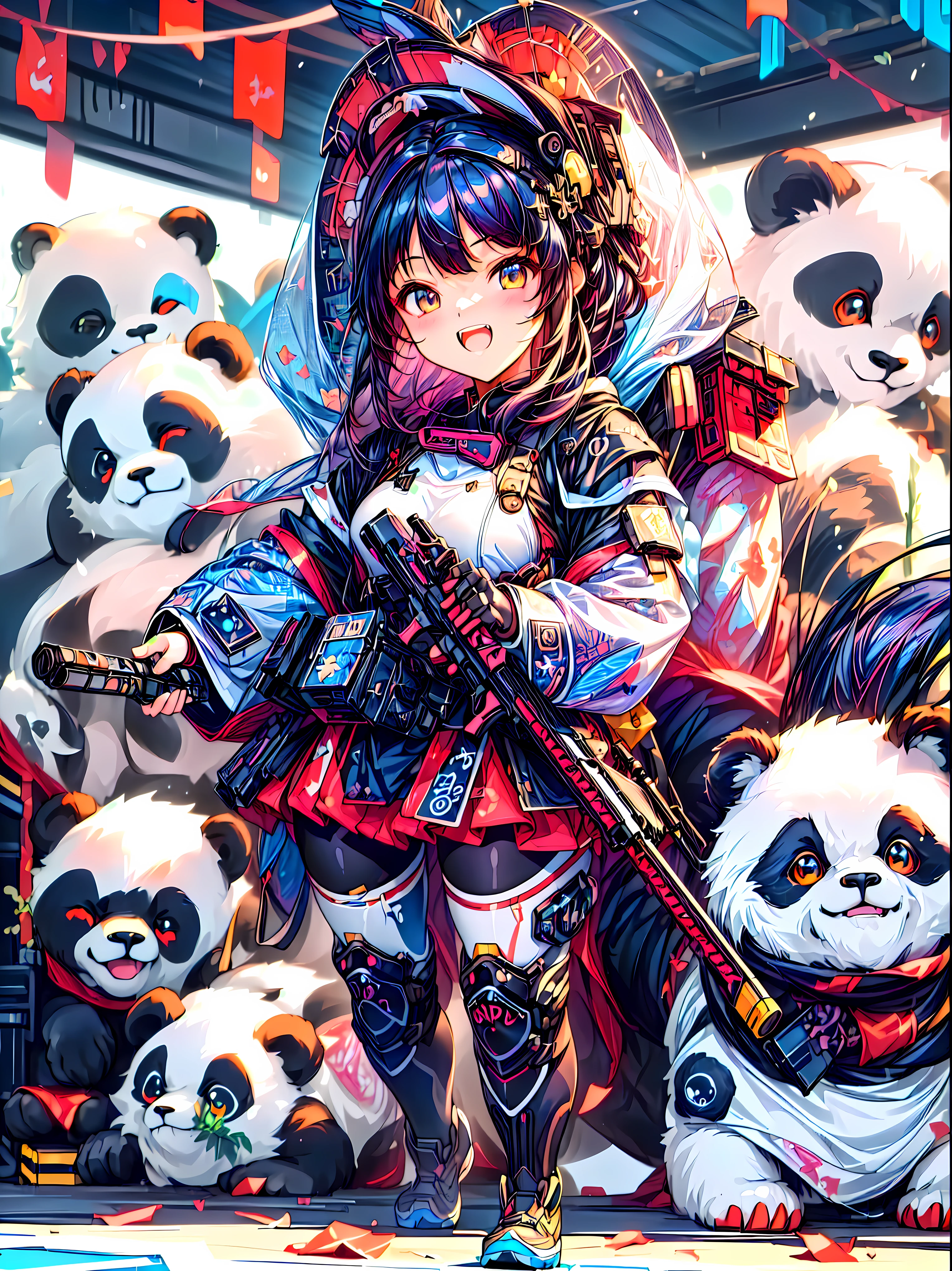 Anime girl holding a panda and a gun in front of a display, Guweiz-style work , Badass Anime 8k,  guweiz on artstation pixiv ,  Curvy petite  ,  Best Anime 4K Kona-chan Wallpaper , Anime Style 4k, Anime Art Wallpaper 4K ,  Anime Art Wallpaper 4K, 4K Manga Wallpaper, (((UHD, masterpiece, super detail, high details, best quality,  highres icon)))