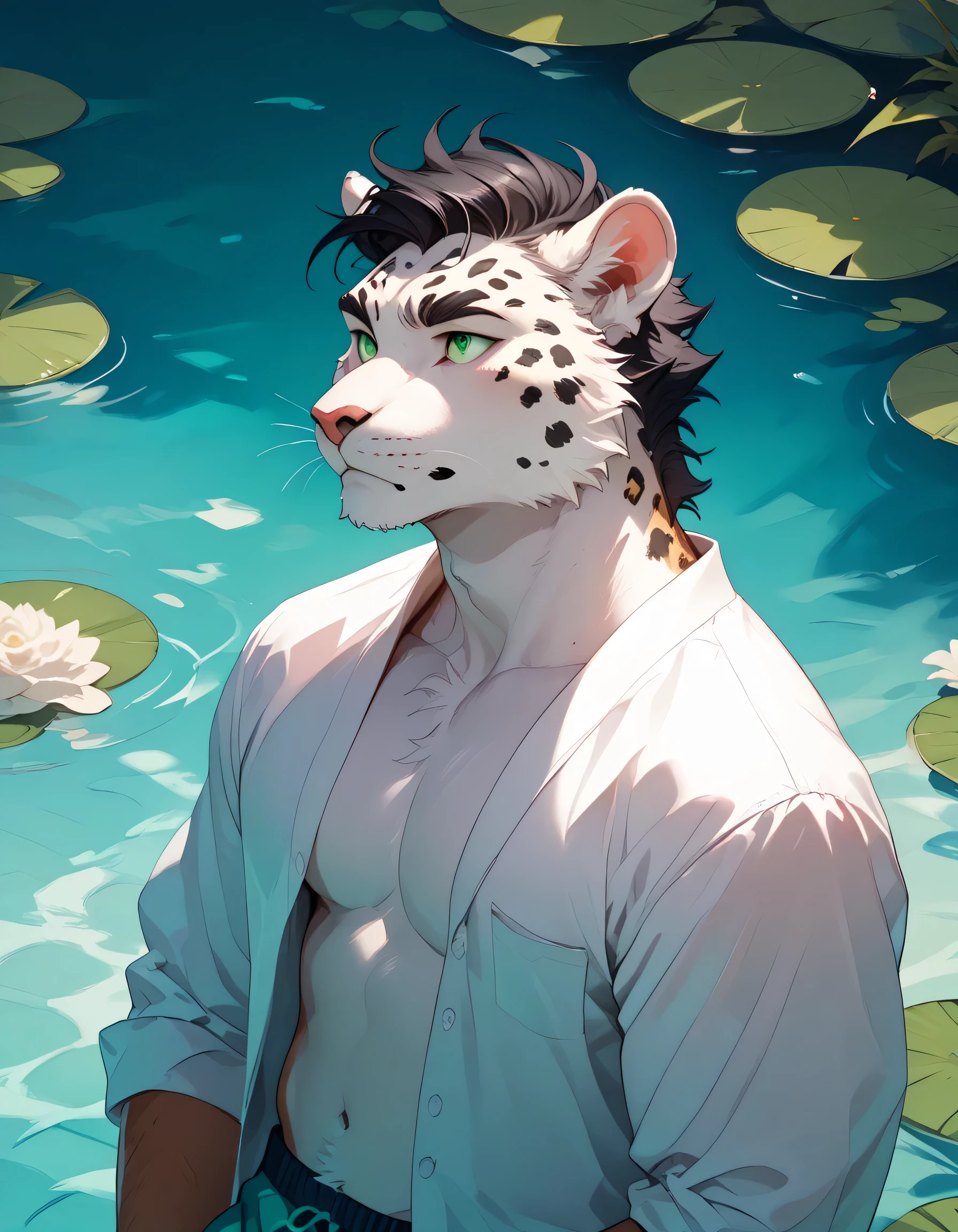 ( alone),(( is of the best quality)), ((masterpiece)), ( detailed), upper body, male anthropomorphic leopard, white fur ,White skin, white fur , short black hair , Green Eyes,Calm, mature male,Elegant,Swimming trunks, muscular ,