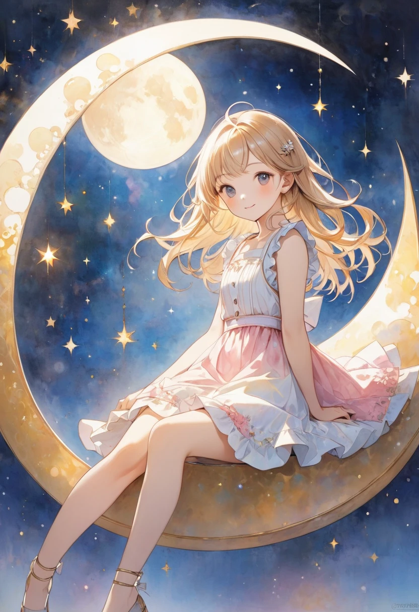 a beautiful 20 year old blonde woman with big messy hair, laying on a fluffy cloud in the sky, with glowing moon and twinkling stars, with a small cityscape below, fantasy art style, rossdraws cartoon vibrant, alice in wonderland cyberpunk, cute detailed digital art, colorfull digital fantasy art, digital fantasy art ), glossy digital painting, rossdraws pastel vibrant, rossdraws 2. 5, rossdraws 1. 0