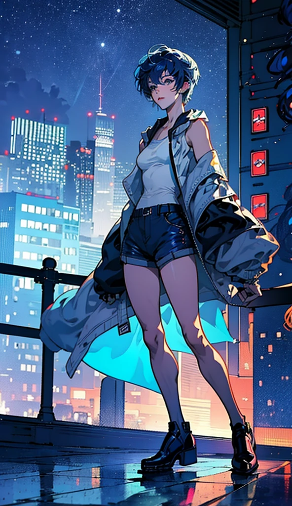  blue hair 　Kusanagi Motoko's Hairstyle 　 cyberpunk 　 left hand mechanization 　Asian girl　My blue eyed 　Right foot mechanization 　 big android partner　Blue shorts　 blue bikini　Overall bluish 　 perfect face　　Big city at night