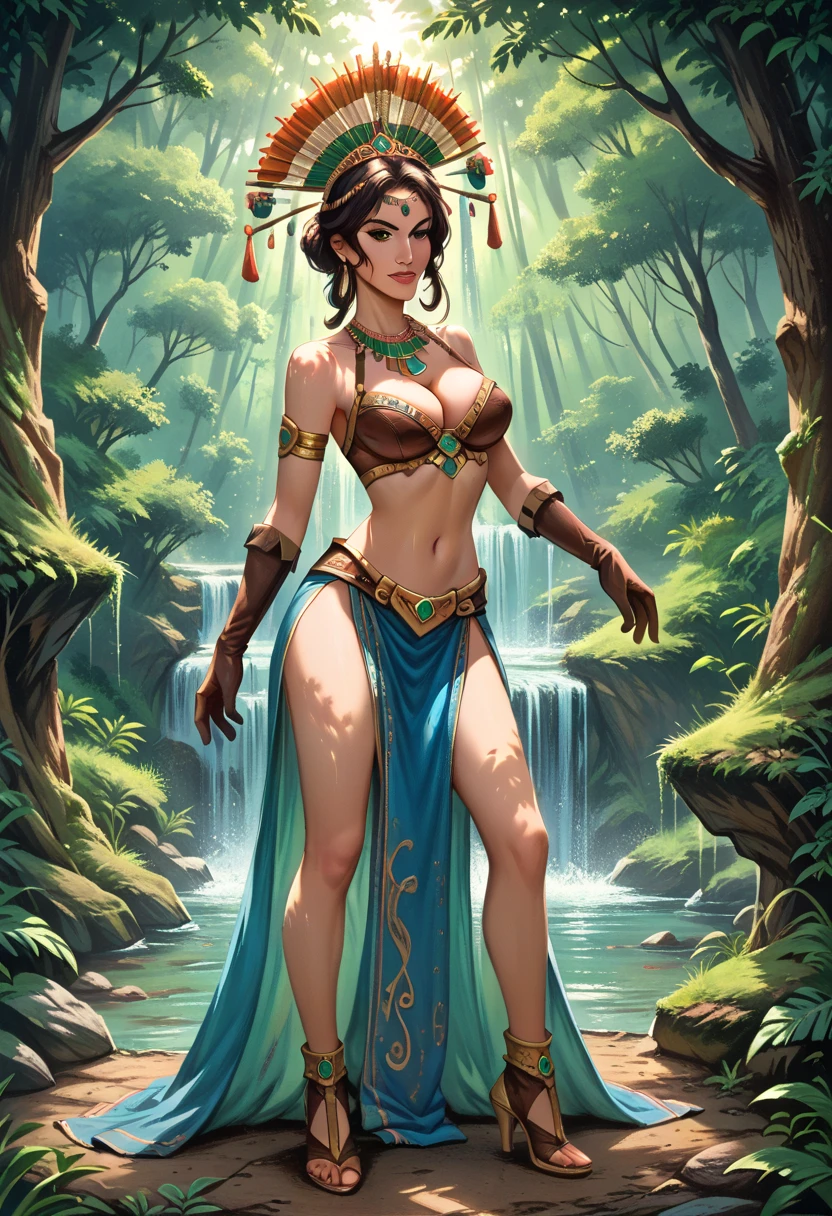  best quality ,masterpiece,ultra high res,  detailed face gloves,, 1 ,Alone , cleavage, a beautiful and realistic illustration of a native Brazilian woman showing her rich cultural heritage and traditional full body costumes,rainforest, brown bikini, body painting, a colorful feathered headdress ,sun rays,Precise Anatomy,Epic standing pose 