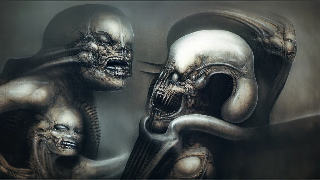 H. R. Giger's g1g3r, , Giger_style, H. R. Giger's g1g3r, , Giger_style, The image is a detailed view of H.R. Giger's \" Aleph (work 210) \" plate, featuring   vault , The  dramatic confrontation between two alien creatures. The composition is dynamic, with the figures positioned in a way that creates tension and conflict. The use of chiaroscuro lighting, with strong contrasts between light and shadow, further emphasizes the drama of the scene.The two creatures are both grotesque and imposing, with elongated skulls, sharp teeth, and menacing expressions. The one on the left appears to be in a state of rage, its mouth wide open in a silent scream. The one on the right is more composed, but its eyes still convey a sense of predatory intent prominent presence of the alien figure, which appears to be an extraterrestrial. By giger in gigeresqe style  (best quality:1.4), anatomically correct limbs, (Triadic:1.1), (Proportion:1.1),  , (Reflected light:1.2), Parchment, ultra detailed, intricate,, dry b (best quality:1.4), H.R. GIGER,  BY GIGER