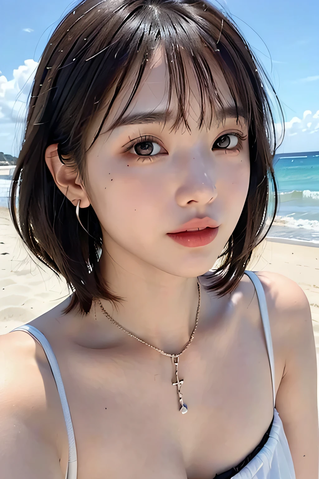 girl, White skin, ((Dark brown short tiered hair)), V cut with layers and bangs, Brown eyes, Soft atmosphere characteristics (Highest quality, Ultra-high resolution, 8k, RAW Photos, Ultra-high resolution: 1.2, masterpiece: 1.3), (Realistic, Realistic: 1.37), Very detailed, Professional Lighting, Photon Mapping, Radio City, Physically Based Rendering, One girl, （high school girl）, Sharp focus:1.2、Beautiful woman:1.4,cute, Nice, Adorable smile, Normal chest, Cross Necklace、Earrings、ring,(Cleavage)、Selfie, Fluorescent pink bikini, Relaxed pose on the beach, Sunset Beach