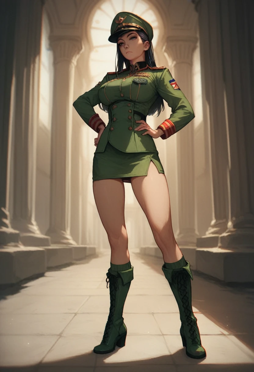 woman, standing, black hair, long hair, Big Breasts, expressionless, empire, green military uniform, military cap, mini slit skirt, Knee-high boots, thigh-high socks, hand on own hip, full body, from front