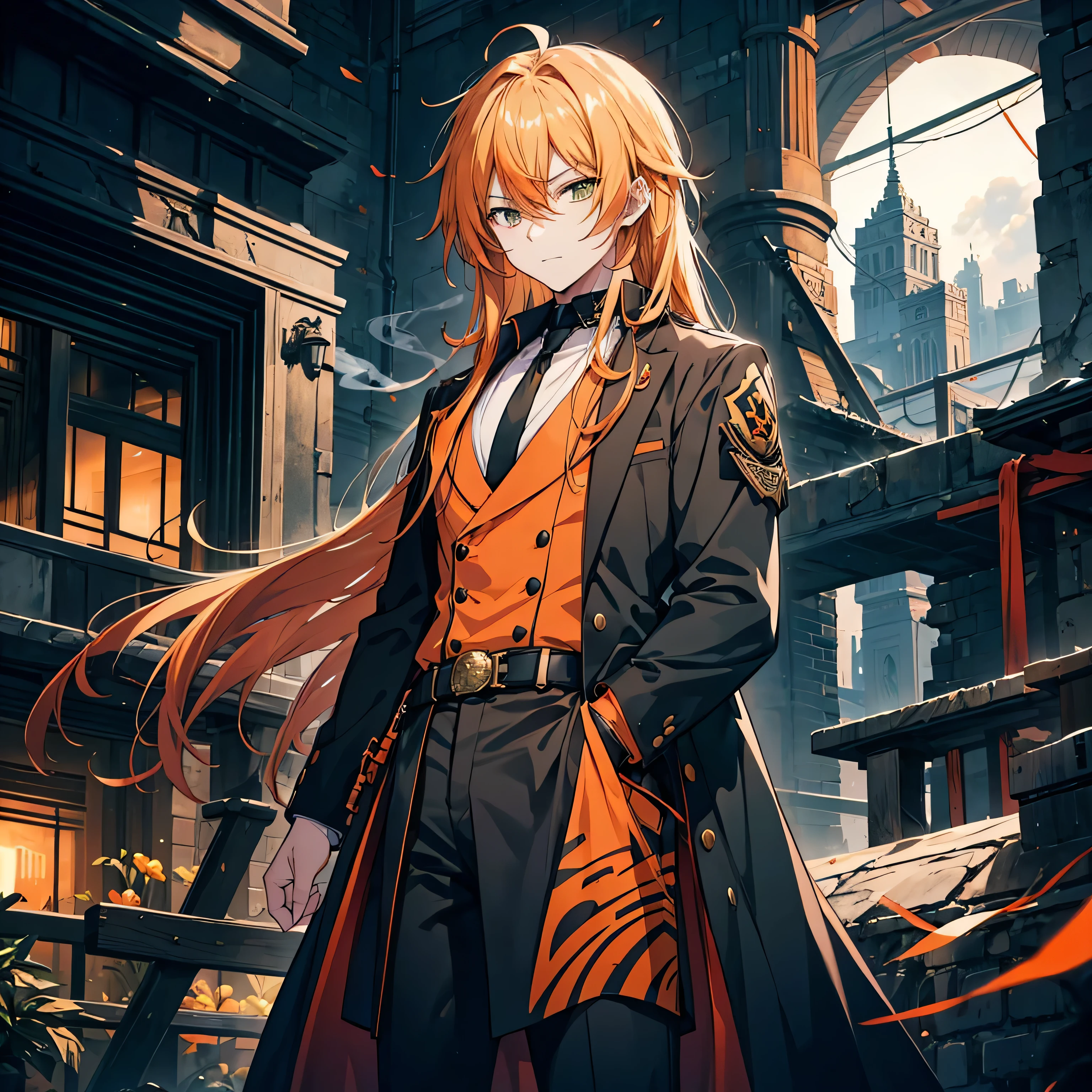 orange battle coat, Orange and black outfit ,  long brand hair,  straight hair ,  long bangs  ,  close your mouth and laugh , ４０age,  handsome, Muscular, Narrow green eyes ,  Official Art、  best quality、  Unity 8K Wallpaper 、32K、masterpiece、Super detailed, Male nose, Male Eyes  , Male outline  ,  male skeleton  , carrying a large red sword , Light and Smoke Background , Moonlight,