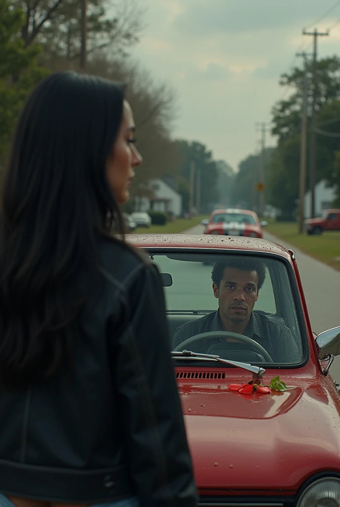 Create a picture . Where a man sits in the car and looks far away at a woman who is standing in front of her car and is a gift on the windshield where she looks astonished . She is southern has black jacket black long hair . The man sitting in the car far away is also southern .