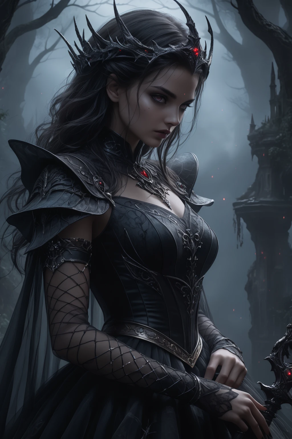 a close up of a woman in a black dress holding a sword, gothic fantasy art, dark fantasy style art, fantasy woman, dark fantasy art, epic fantasy art style hd, beautiful fantasy art portrait, dark fantasy mixed with realism, beautiful character painting, fantasy art style, fantasy dark art, beautiful fantasy art, earley, cute face. dark fantasy