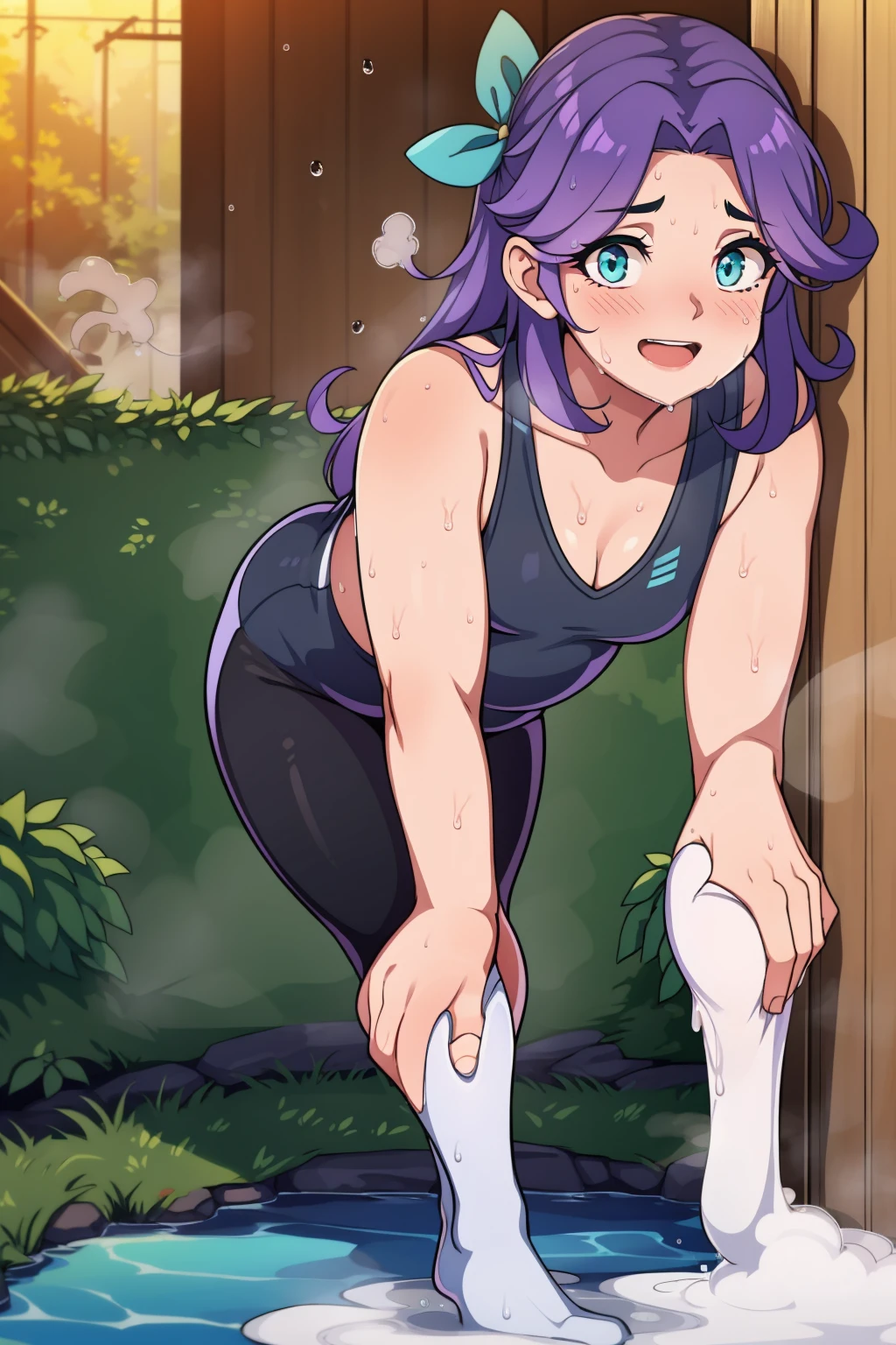 Small belly,Cute small belly, chubby, Smiling, looking at viewer, 1girl, full body, casual pose, abigail,  purple hair, aqua eyes,hair ribbon, long hair, sweating profusely, exhausted, breathing, open mouth, steam coming out of her mouth, bending over, hands on knees, dripping sweat, droplets of sweat on the floor, puddle of sweat,
