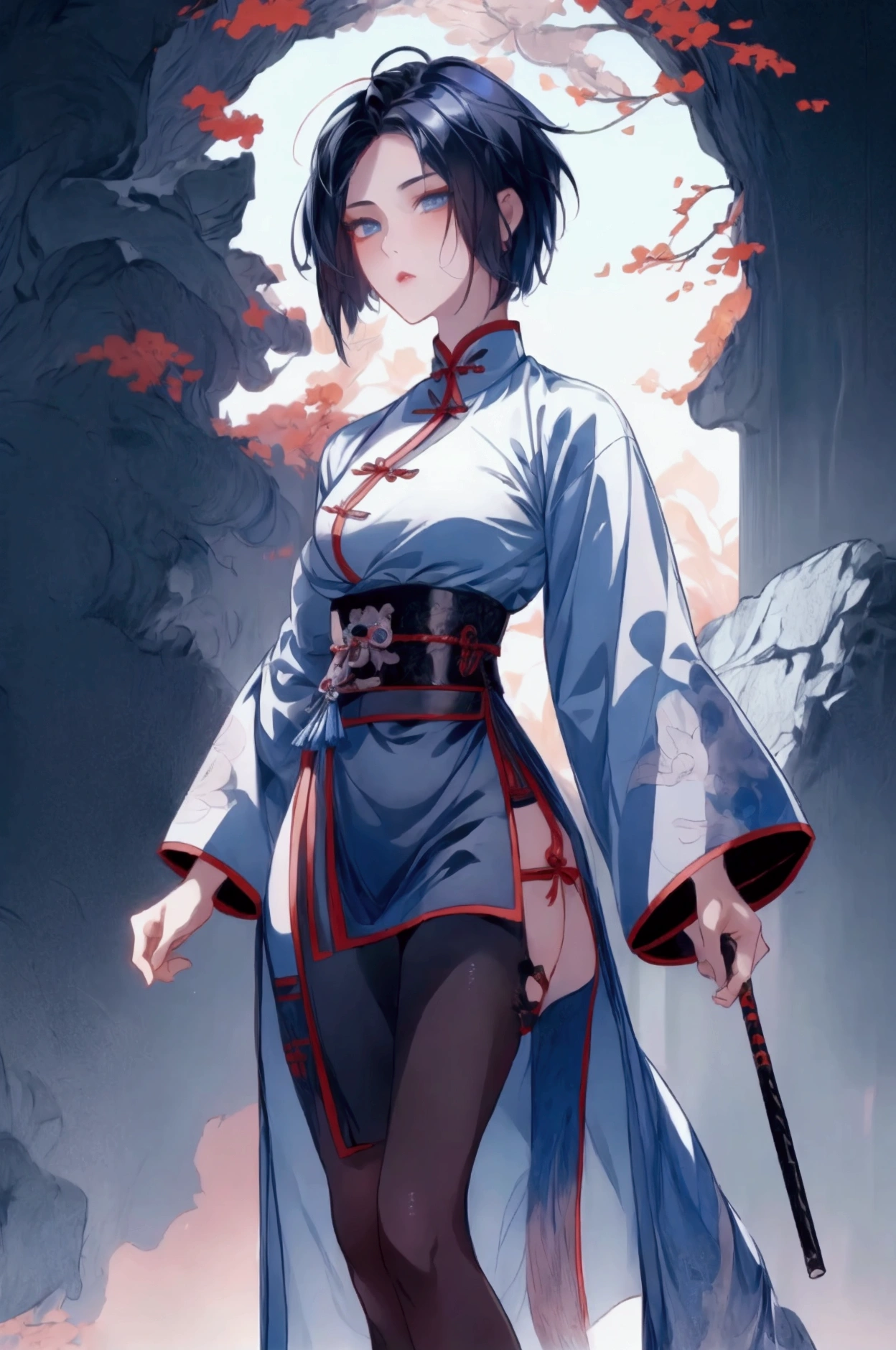 Masterpiece, Best quality, 1 Ji Ruxue, the expression is cold, strong, blue eyes, short hair, wolfcut hairstyle, smoky mix blue color hair, resolute eyes, red lips, simple Taoist Taoist uniform, Chinese mix morden, frontal photo, black or white background, simple background, anime, illustration, Chinese style short-sleeved shirt, cool girl, Ji Ru Xue, Fullbody, blank background , full HD, full body, leggy, standing position, simple background, fullbody
