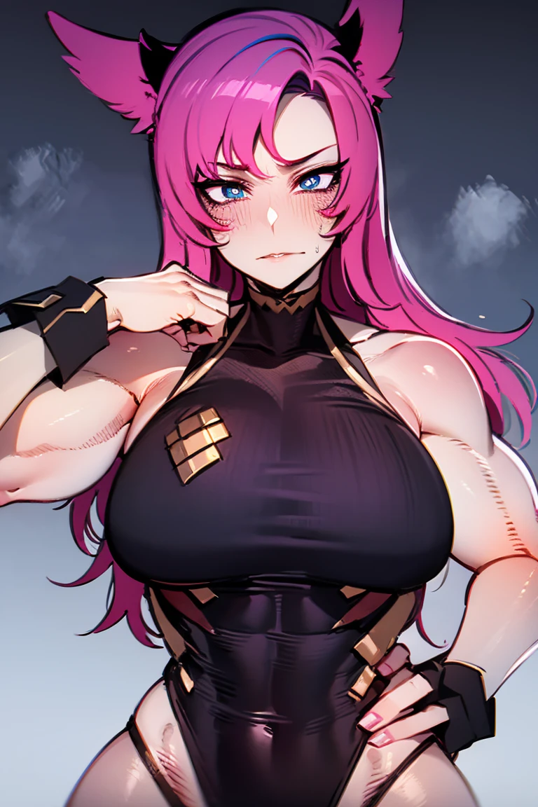  Hybrid female character art ,  with animal and human traits .  She has long and voluminous pink hair ,  bright and penetrating blue eyes ,  provocative and trusting expression . The body is muscular, with defined abdomen,  strong arms and traces of gray Involving part of your skin.  She is wearing a black top that highlights her robust physique .  The hands and arms have animalistic details ,  including claws and dark texture . The pose transmits force ,  determination and a challenging attitude .  Dark background that highlights the intensity of the design .