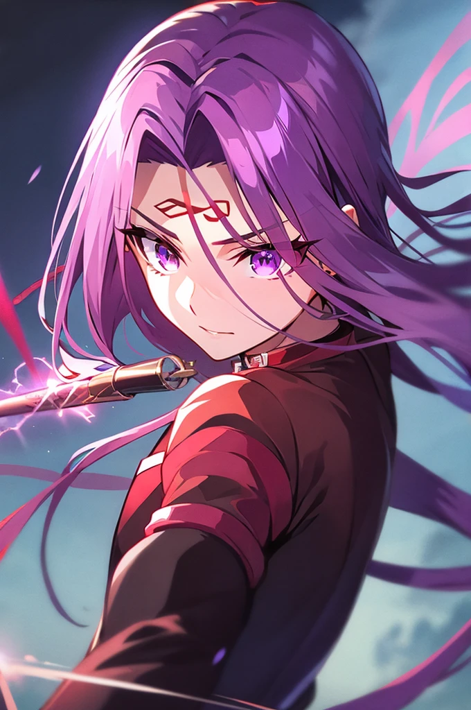 Fate/Staynight , Medusa 、 purple eyes隠し、Red pattern on forehead 、 purple eyes、 purple hair、masterpiece、 best quality、 big chest、Intense Combat、Lightning is flying around 、 moving fast