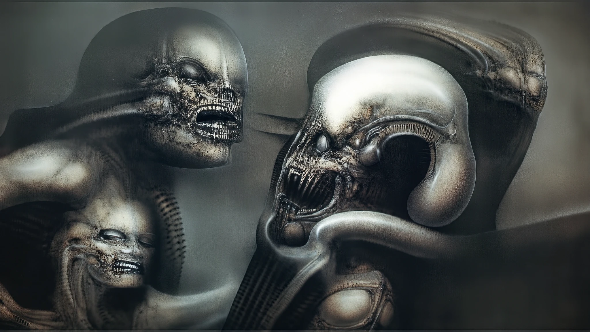 H. R. Giger's g1g3r, , Giger_style, H. R. Giger's g1g3r, , Giger_style, The image is a detailed view of H.R. Giger's \" Aleph (work 210) \" plate, featuring   vault , The  dramatic confrontation between two alien creatures. The composition is dynamic, with the figures positioned in a way that creates tension and conflict. The use of chiaroscuro lighting, with strong contrasts between light and shadow, further emphasizes the drama of the scene.The two creatures are both grotesque and imposing, with elongated skulls, sharp teeth, and menacing expressions. The one on the left appears to be in a state of rage, its mouth wide open in a silent scream. The one on the right is more composed, but its eyes still convey a sense of predatory intent prominent presence of the alien figure, which appears to be an extraterrestrial. By giger in gigeresqe style  (best quality:1.4), anatomically correct limbs, (Triadic:1.1), (Proportion:1.1),  , (Reflected light:1.2), Parchment, ultra detailed, intricate,, dry b (best quality:1.4), H.R. GIGER,  BY GIGER