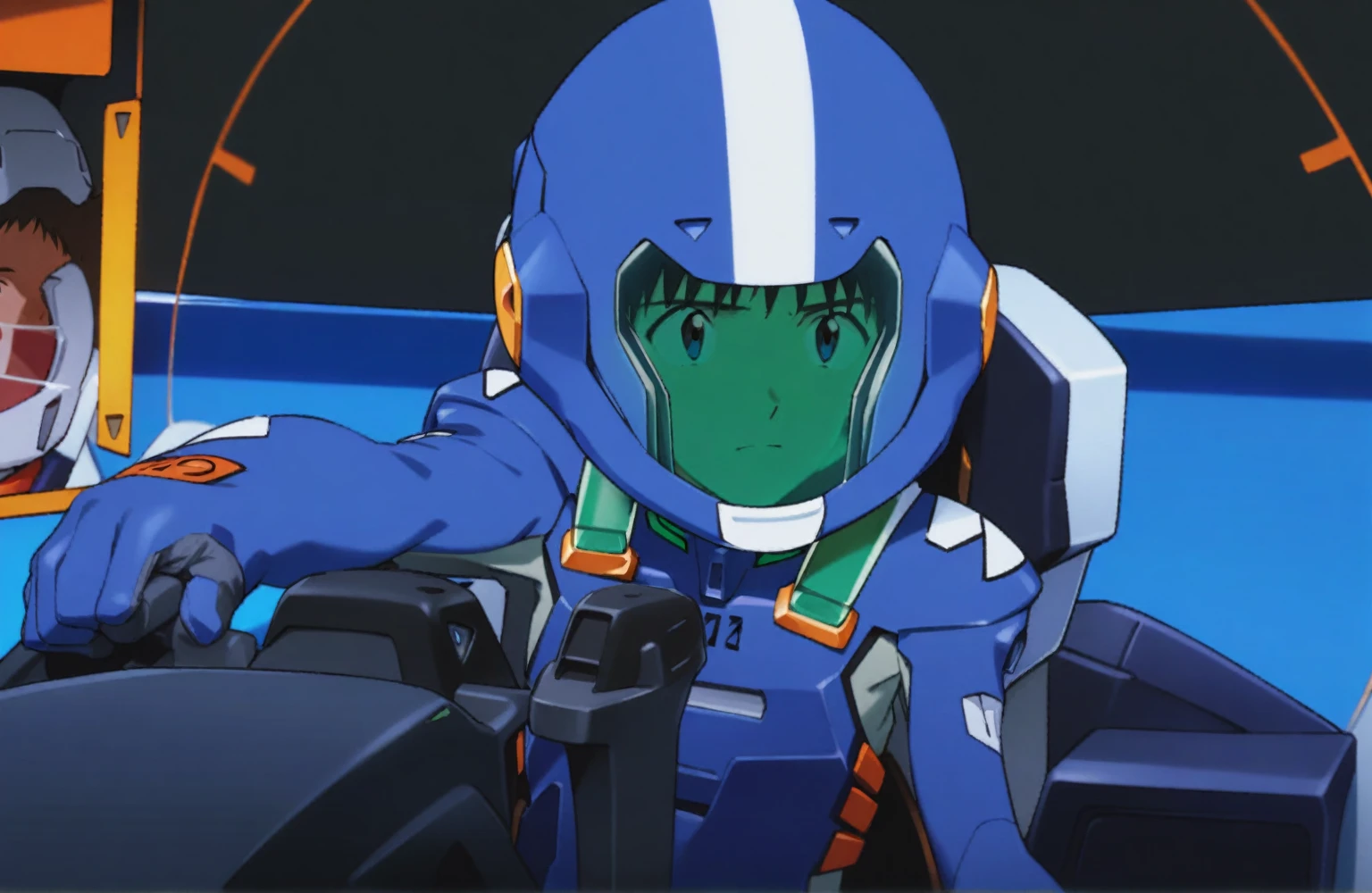 1boy, male focus, Shinji Ikari, neon genesis evangelion, masterpiece, best quality, very aesthetic, absurdres, jet cockpit, grey pilot suit, head turned right, ((flight helmet)), green glass, ((no hair)) 