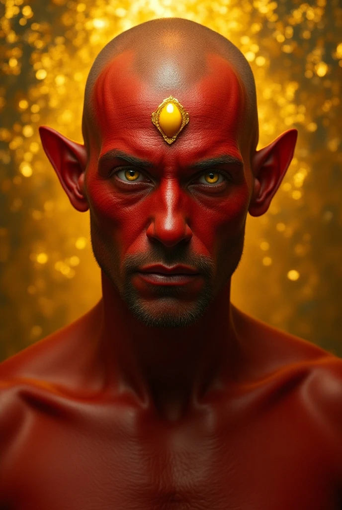 with yellow cover, handsome man, with red skin, White eyes, rounded ears, yellow jewel on the forehead, CALVO