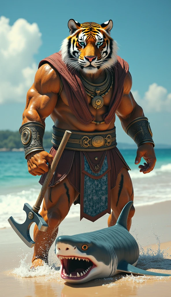 Tiger, eastern tiger warrior, male tiger,hefty body, with very big muscles, hulking, huge, colossal body, extremely strong, huge abdominal muscles, hefty abs, pecs, plump big muscle abs, Strong and robust muscle abs, daddy body muscle-gut abs, massive prominent muscle abs, sharp claws, legs, feet, full body, loincloth, nipples, 4k, best quality.
