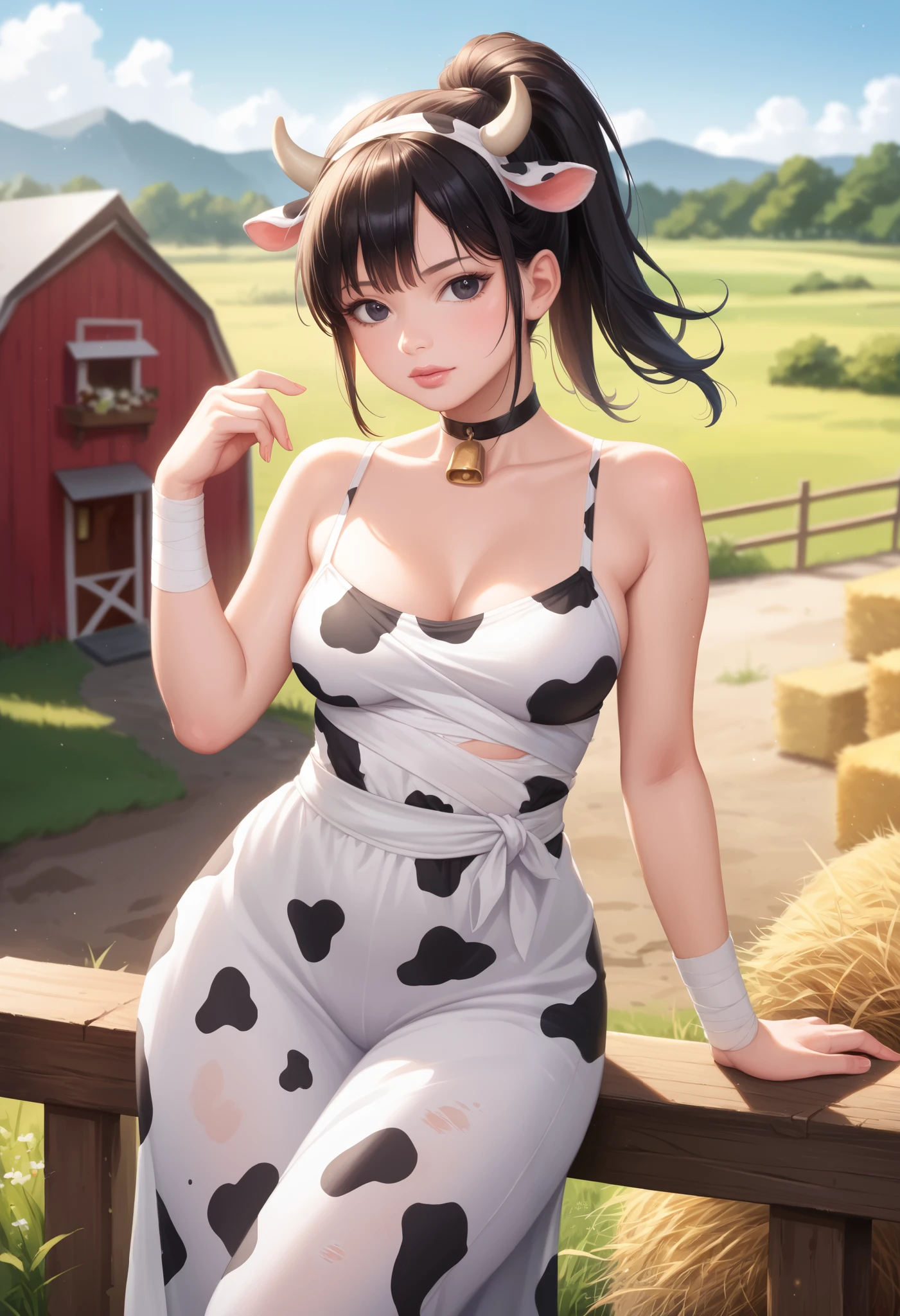 dororo, black hair, ponytail, choker, black eyes, bandages, wrist wrap, ankle wrap, masterpiece, best quality, photorealistic, 1girl, solo, looking at viewer, , depth of field, (watercolor illustration, soft pastel colors:1.1), realistic, dororo, huge hips. small saggy breasts. huge hips. choker. cow print. сow horns. cow dress. farm. bales of hay.
