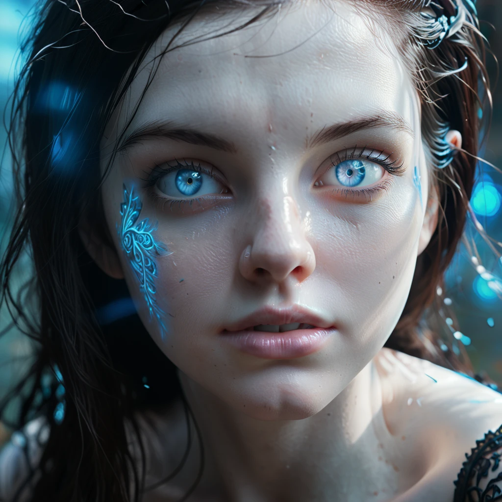 A stunningly beautiful woman with pale skin and dark hair gazes intensely at the viewer, her clear blue eyes captivating. The cinematic, fantasy-inspired scene is captured in a dynamic, hyperrealistic macro shot, showcasing exquisite hand-painted details and film-level textures. Bathed in magical, glowing light, the woman appears to be in a dreamlike state, the composition enhanced by glitch art effects and a ral-crztlgls style. The overall image is a visually stunning, award-winning masterpiece of photorealistic quality.