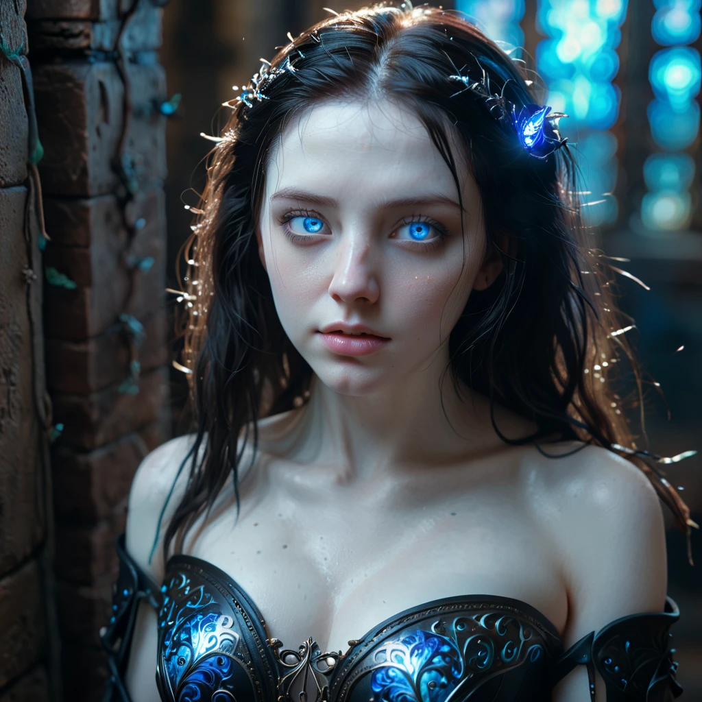 A stunningly beautiful woman with pale skin and dark hair gazes intensely at the viewer, her clear blue eyes captivating. The cinematic, fantasy-inspired scene is captured in a dynamic, hyperrealistic macro shot, showcasing exquisite hand-painted details and film-level textures. Bathed in magical, glowing light, the woman appears to be in a dreamlike state, the composition enhanced by glitch art effects and a ral-crztlgls style. The overall image is a visually stunning, award-winning masterpiece of photorealistic quality.